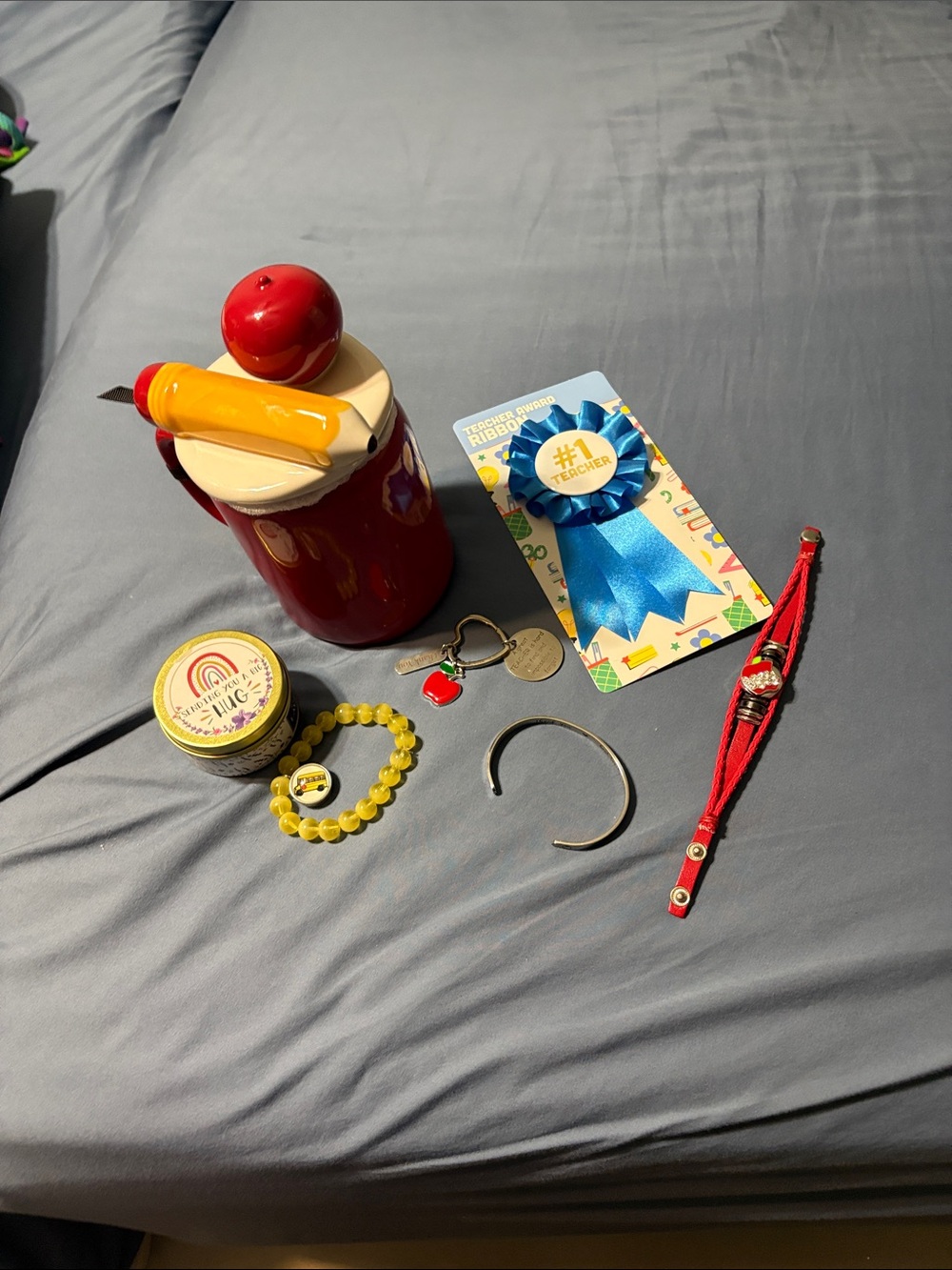 Teacher bundle has Ceramic Apple/yellow Pencil Lid on a cup, candle and jewelry - Picture 1 of 15